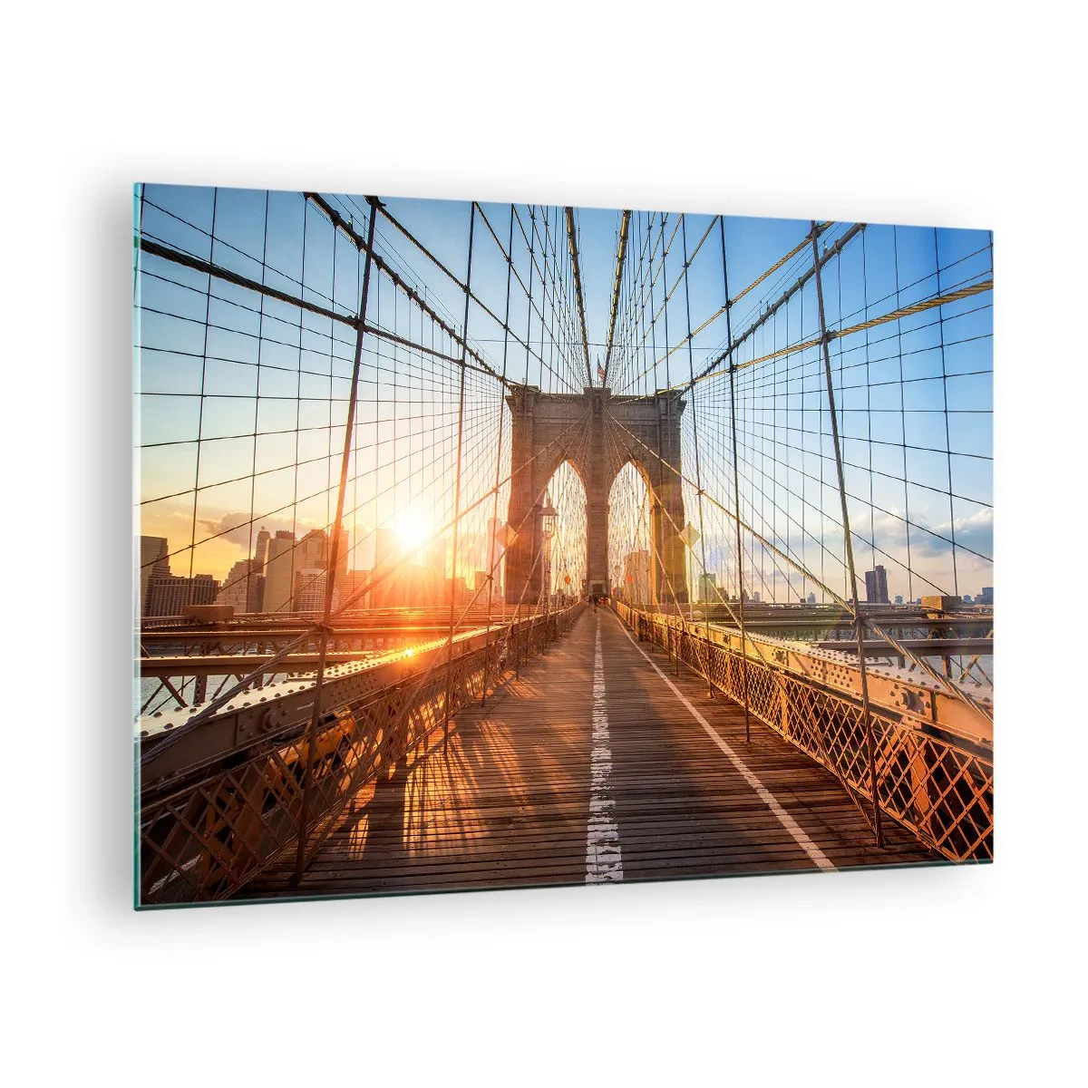 Obraz na skle - Západ slnka na Brooklynskom moste v New Yorku - 70x50cm - Na zlatom moste - Moderná nástenná dekorácia do obývacej izby a spálne ARTTOR