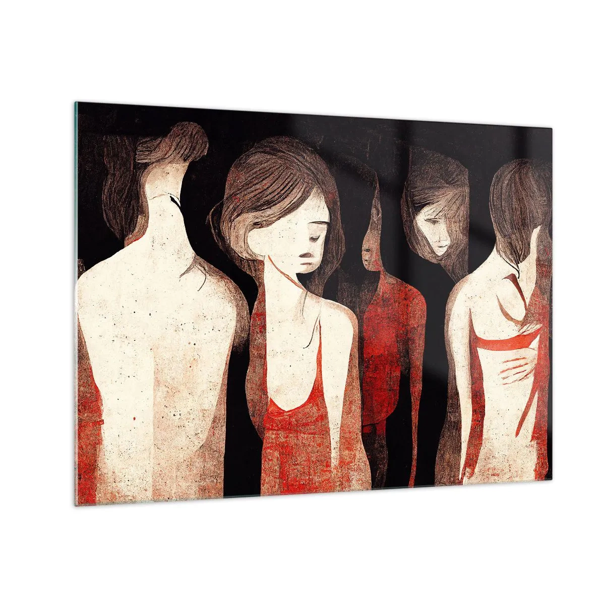 Obraz na skle - Abstraktné ženské siluety v červenej farbe na čiernom pozadí - 70x50cm - Madony z temnoty - Moderná nástenná dekorácia do obývacej izby a spálne ARTTOR