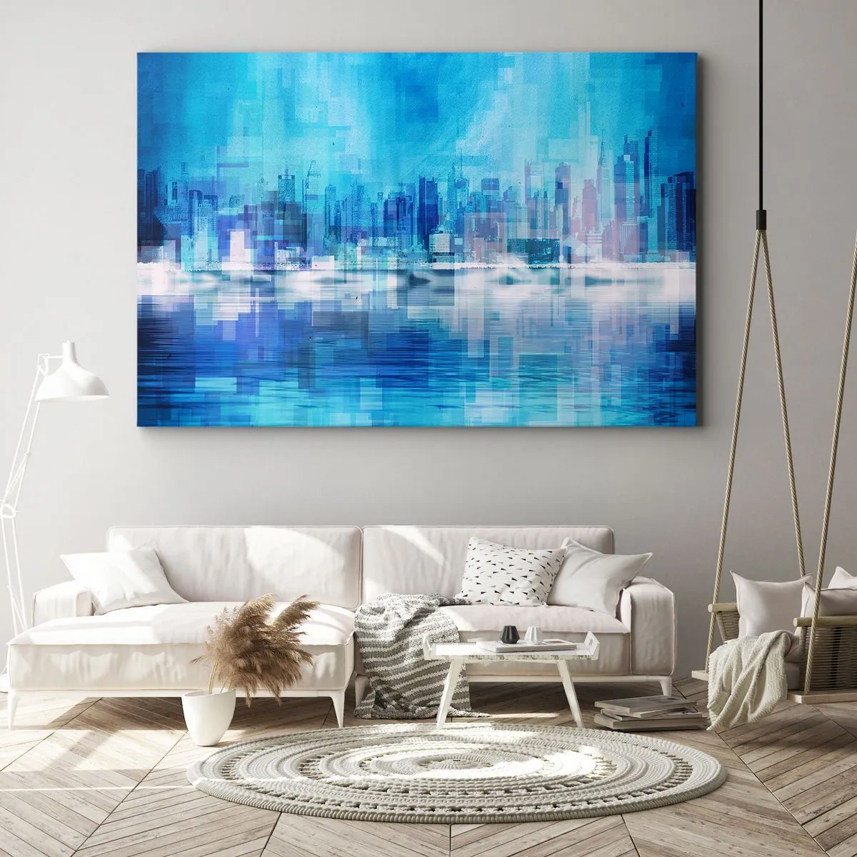 Obraz na plátne - Abstraktná panoráma mesta v odtieňoch modrej - 70x50cm - Utopené v modrej - Moderná nástenná dekorácia do obývacej izby a spálne ARTTOR