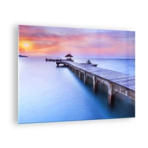 Obraz na skle - Drevené mólo pri východe slnka na pokojnej vode - 70x50cm - More pokoja až po horizont - Moderná nástenná dekorácia do obývacej izby a spálne ARTTOR