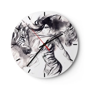 Nástenné hodiny - Žena v umeleckej forme tancuje s dvoma zhromaždenými ľuďmi - 30x30cm - Tancujúca so zebrami - Moderná nástenná dekorácia do obývacej izby, kuchyne a spálne ARTTOR