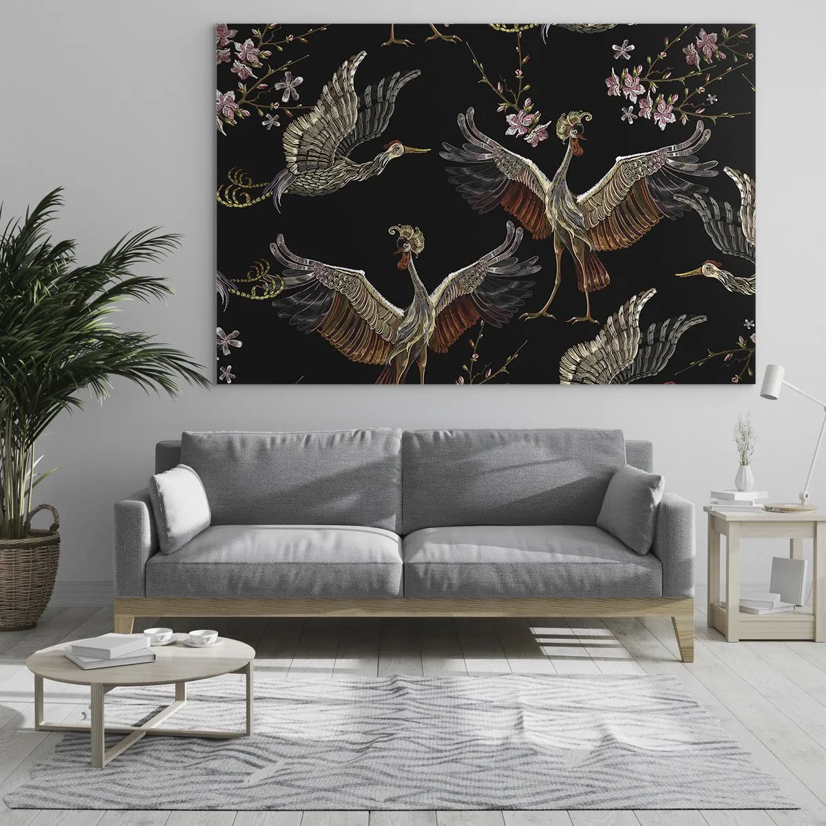 Obraz na skle - Vtáky za letu s kvetmi na čiernom pozadí, retro štýl - 70x50cm - Rozprávkový vták - Moderná nástenná dekorácia do obývacej izby a spálne ARTTOR
