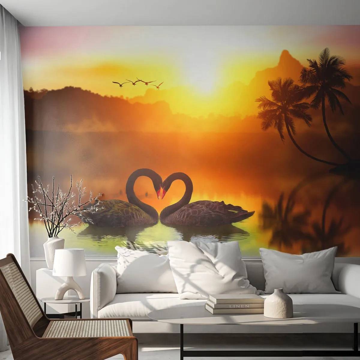 Fototapeta Premium Sand - Všetko do páru - Srdce, Labute, Kokosová palma - 100x70 cm