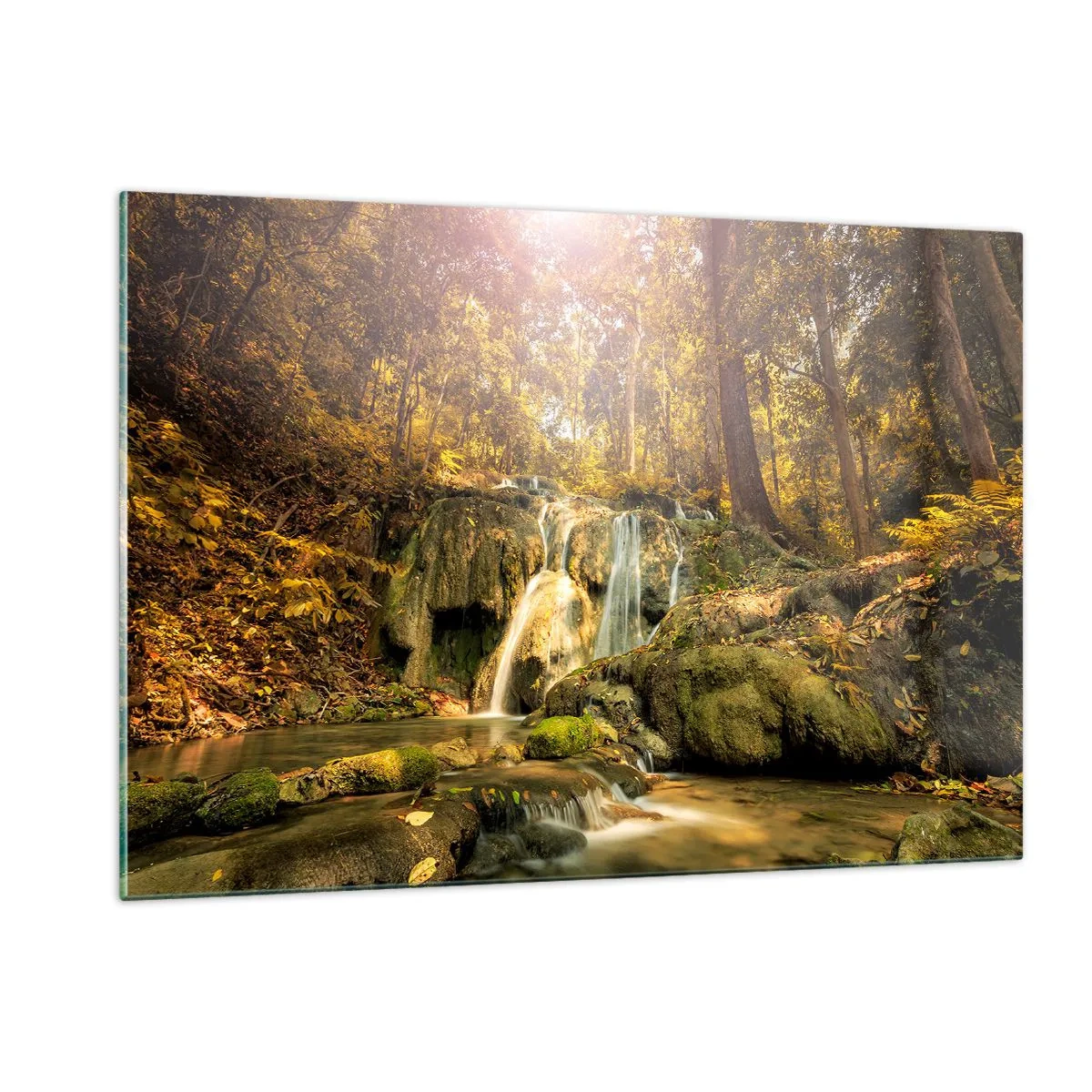 Obraz na skle - Lesný vodopád v zeleni - 120x80 cm