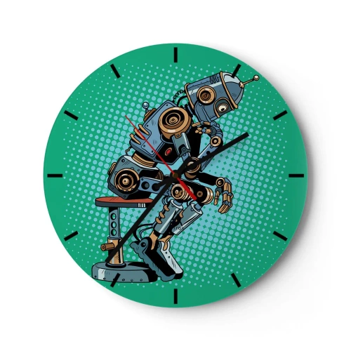 Nástenné hodiny - Robot v póze mysliteľa na zelenom pozadí - 30x30cm - Nad podstatou bytia - Moderná nástenná dekorácia do obývacej izby, kuchyne a spálne ARTTOR
