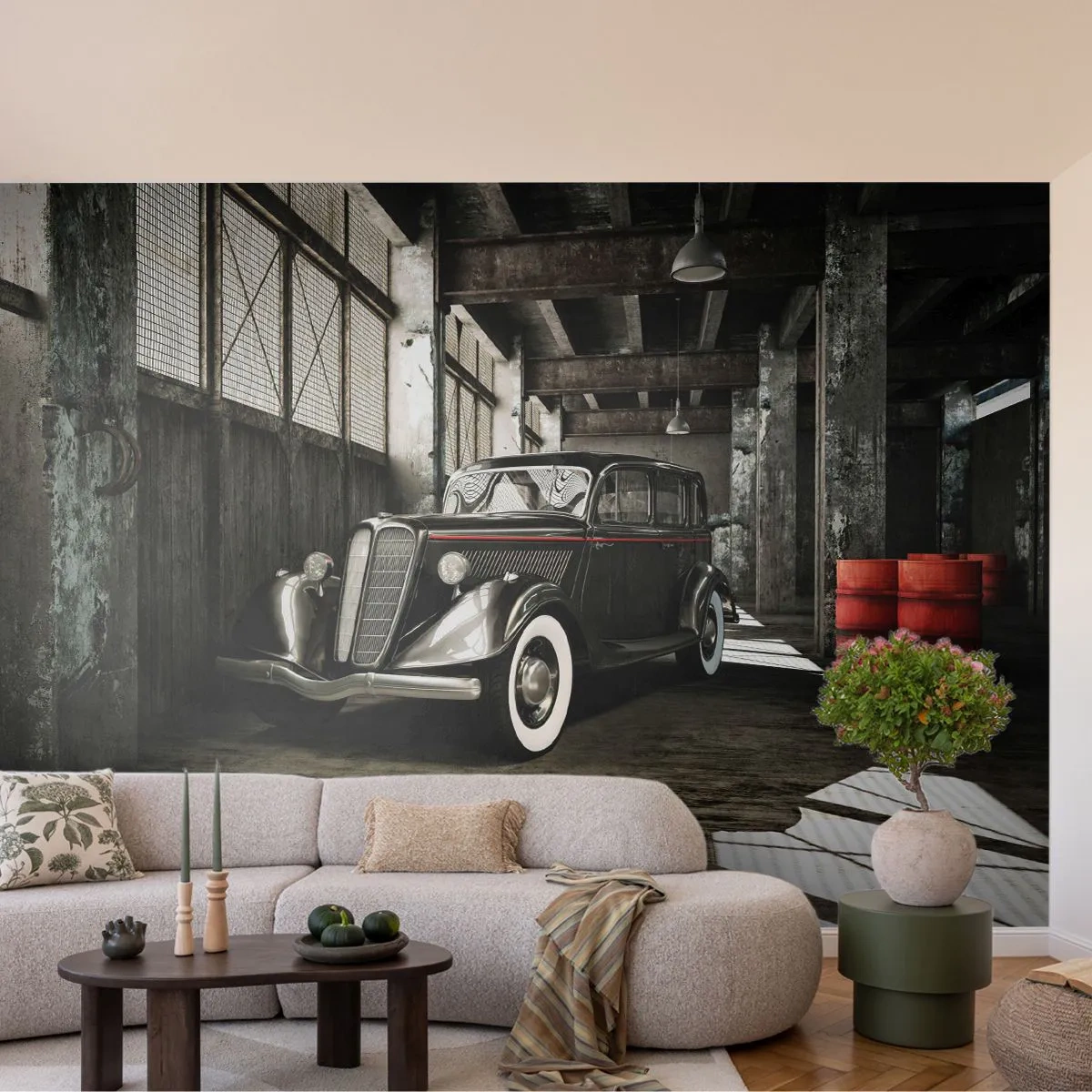 Samolepiaca Fototapeta Deluxe Sticker - Nepominuteľná elegancia 30. rokov - Automobilový priemysel, Retro auto, Továrenský sklad - 250x175 cm