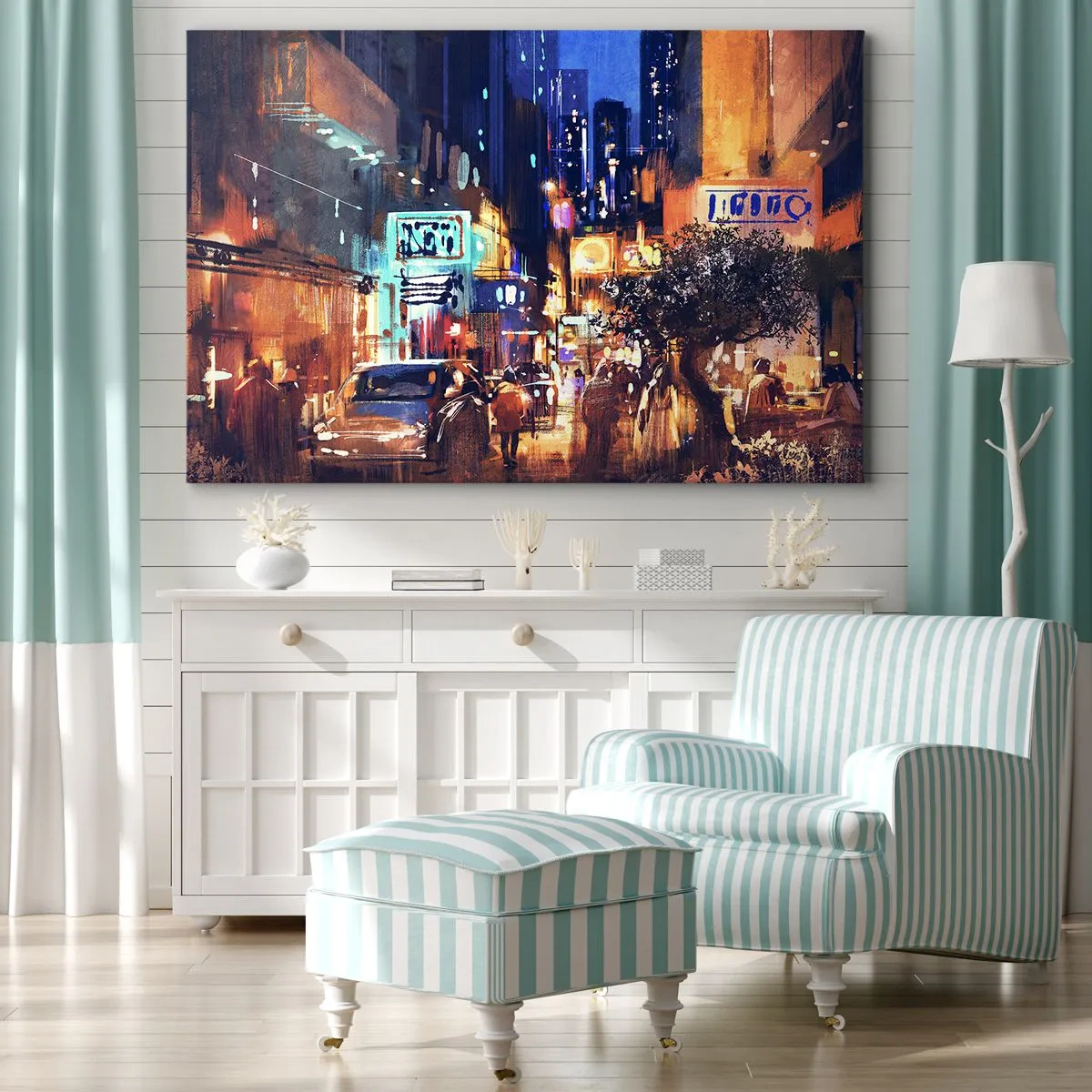 Obraz na plátne - Večerná panoráma mesta v impresionistickom štýle - 70x50cm - A mesto nespí - Moderná nástenná dekorácia do obývacej izby a spálne ARTTOR