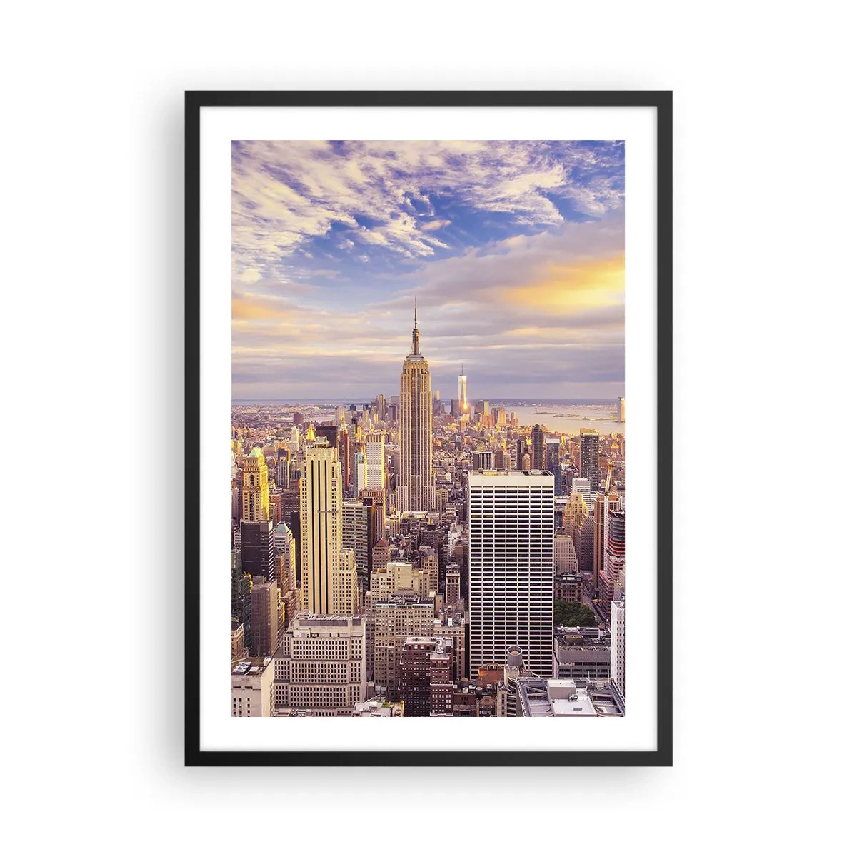Plagát v čiernom ráme - Panoráma New Yorku z Empire State Building pri západe slnka - 50x70cm - Dosiahnuť samotné oblaky - Moderná nástenná dekorácia do obývacej izby a spálne ARTTOR