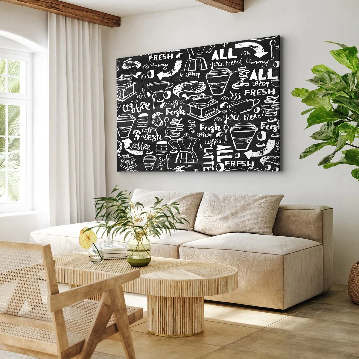 Obraz na plátne - Štýlová grafika kávy na čiernom pozadí - 70x50cm - All you need is… - Moderná nástenná dekorácia do obývacej izby a spálne ARTTOR