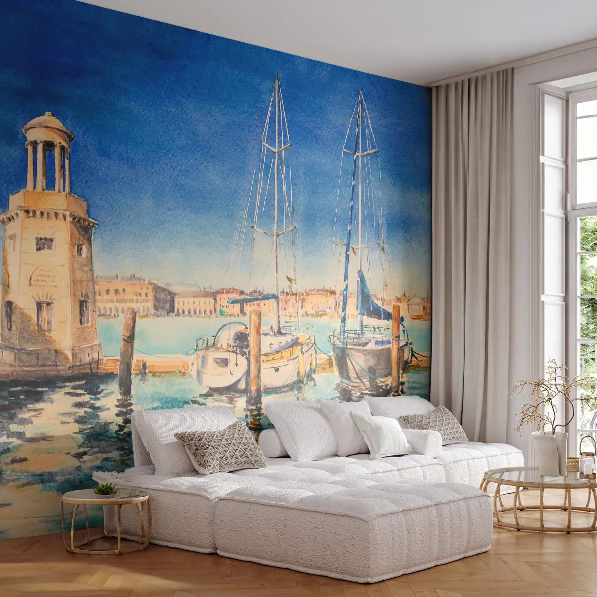 Fototapeta Premium Canvas - Slnečná lagúna - Prístav, Krajina, Maják - 150x105 cm