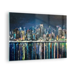 Obraz na skle - Panoráma mesta v noci so svetlami odrážajúcimi sa vo vode - 70x50cm - Kaskáda svetiel - Moderná nástenná dekorácia do obývacej izby a spálne ARTTOR