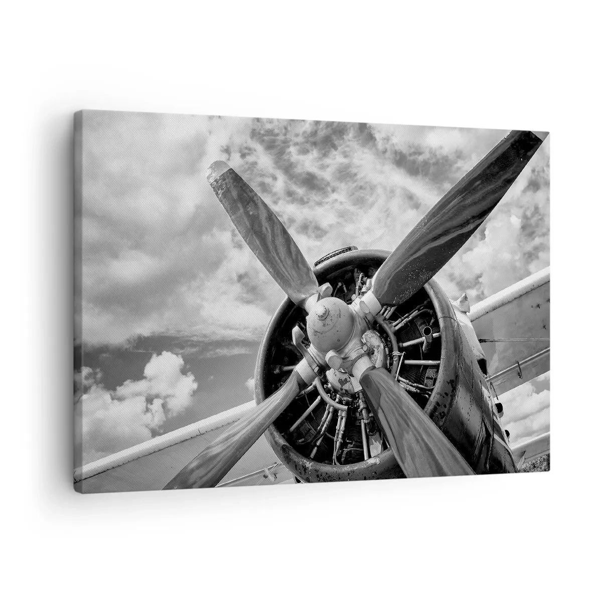 Obraz na plátne - Čiernobiela fotografia vrtule lietadla na pozadí dynamickej oblohy. - 70x50cm - Dobyvateľ oblohy - Moderná nástenná dekorácia do obývacej izby a spálne ARTTOR