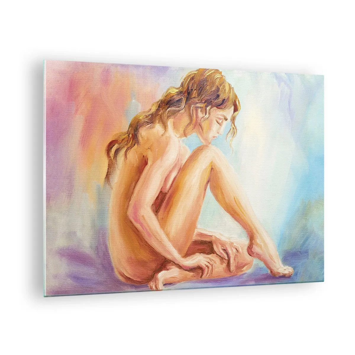 Obraz na skle - Žena v jemnom odraze na pozadí pastelových farieb - 70x50cm - Akt mladosti - Moderná nástenná dekorácia do obývacej izby a spálne ARTTOR