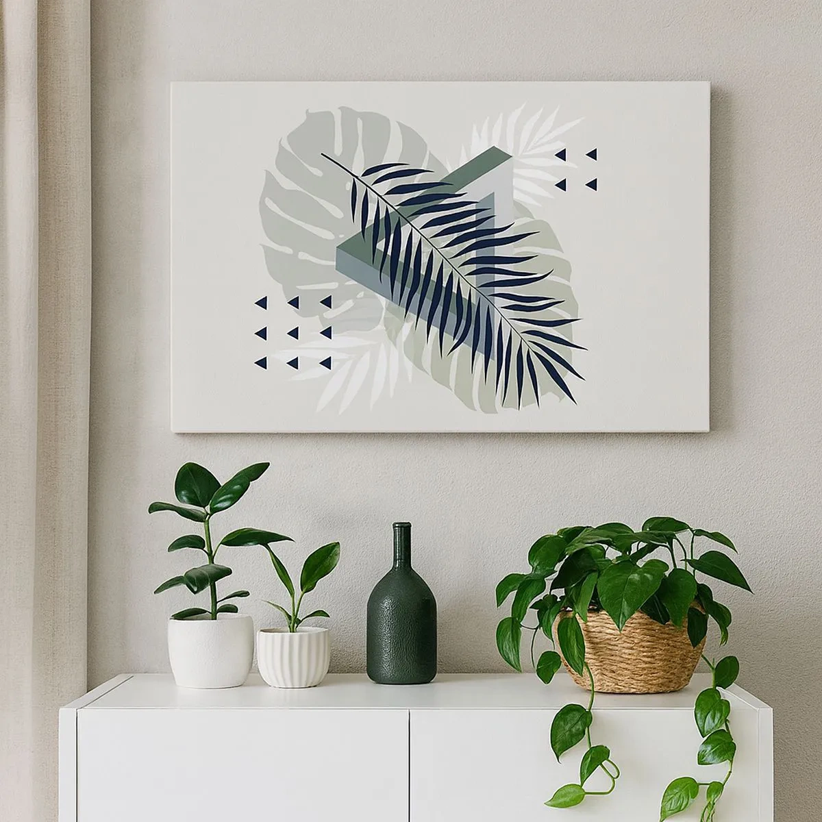 Obraz na plátne - Geometrická kompozícia s tropickými listami v odtieňoch zelenej - 70x50cm - Príroda a geometria – dva poriadky? - Moderná nástenná dekorácia do obývacej izby a spálne ARTTOR