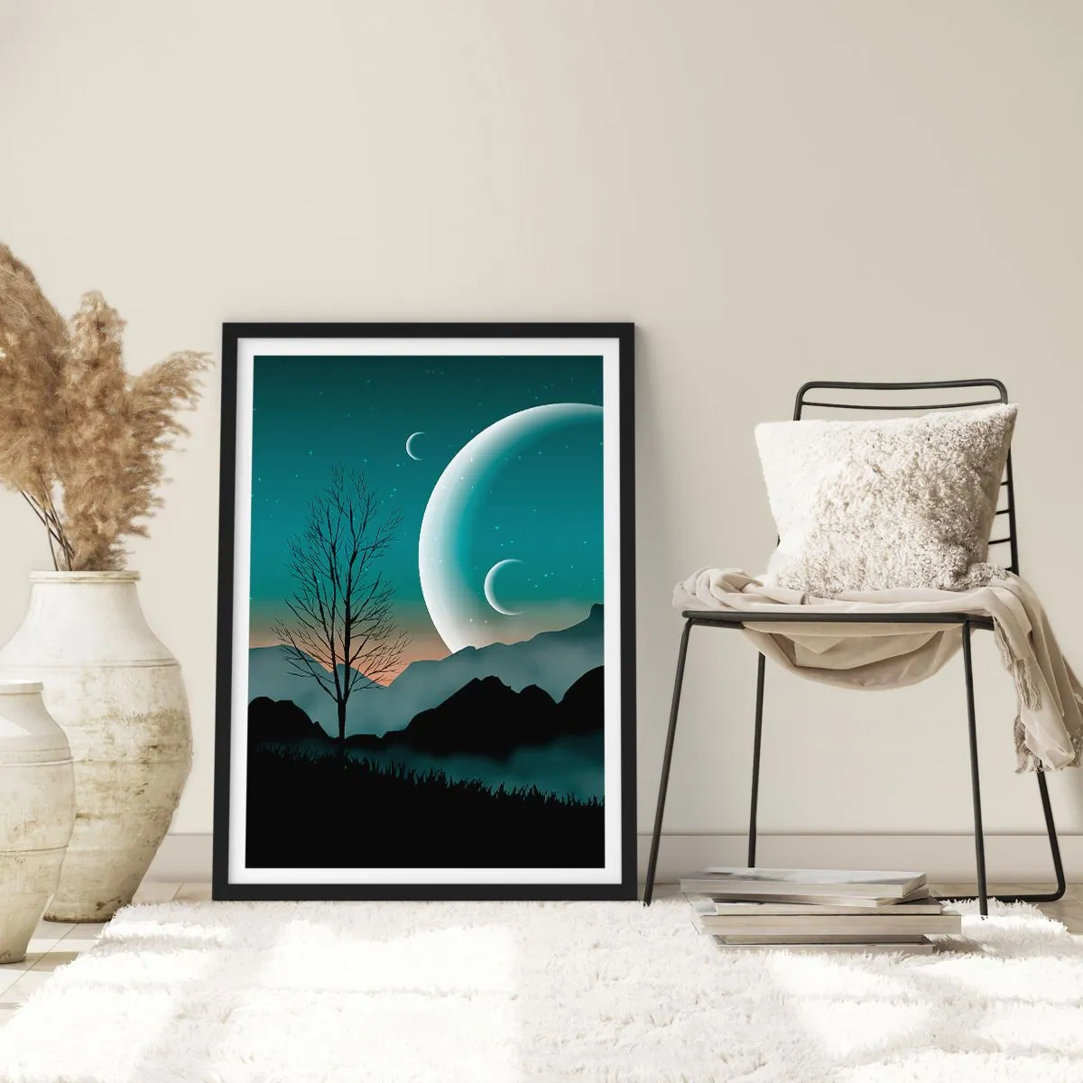 Plagát v čiernom ráme - Umelecká krajina s mesiacom na pozadí hôr a stromov - 50x70cm - Karneval hviezdnej noci - Moderná nástenná dekorácia do obývacej izby a spálne ARTTOR