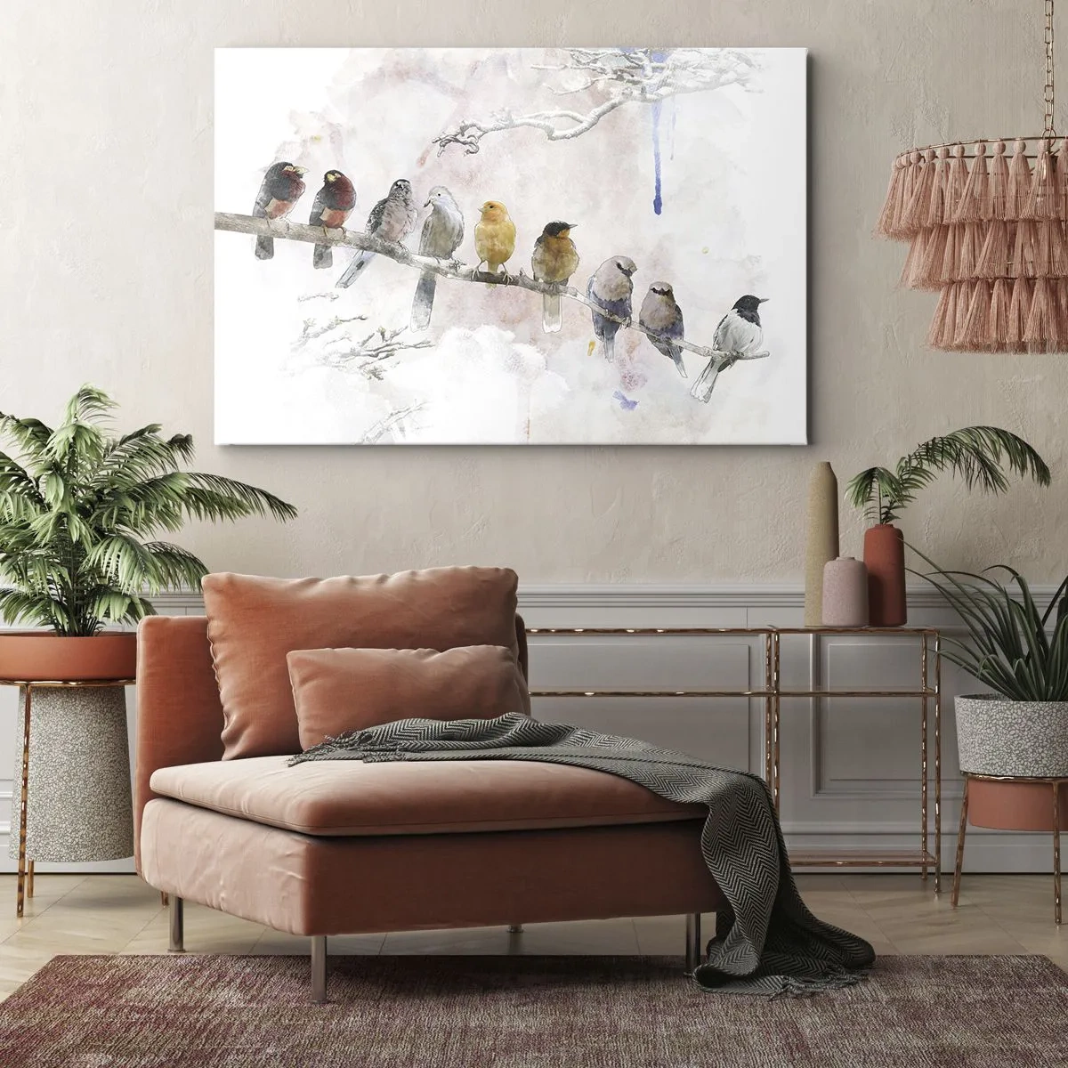Obraz na plátne - Farebné vtáky na konári v akvarelovom štýle - 70x50cm - Okrídlené stretnutie - Moderná nástenná dekorácia do obývacej izby a spálne ARTTOR