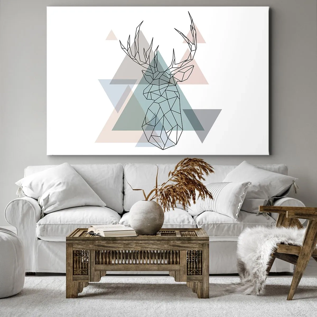 Obraz na plátne - Geometrický jeleň na pozadí pastelových trojuholníkov - 70x50cm - V geometrickom lese - Moderná nástenná dekorácia do obývacej izby a spálne ARTTOR