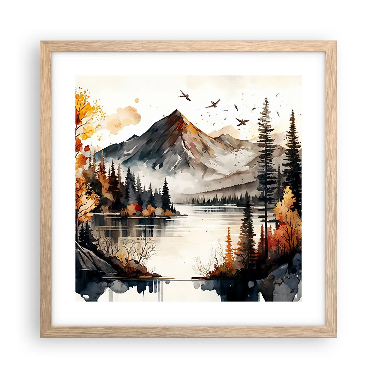 Plagát v ráme zo svetlého duba - Zlatá jeseň na horách - 40x40 cm