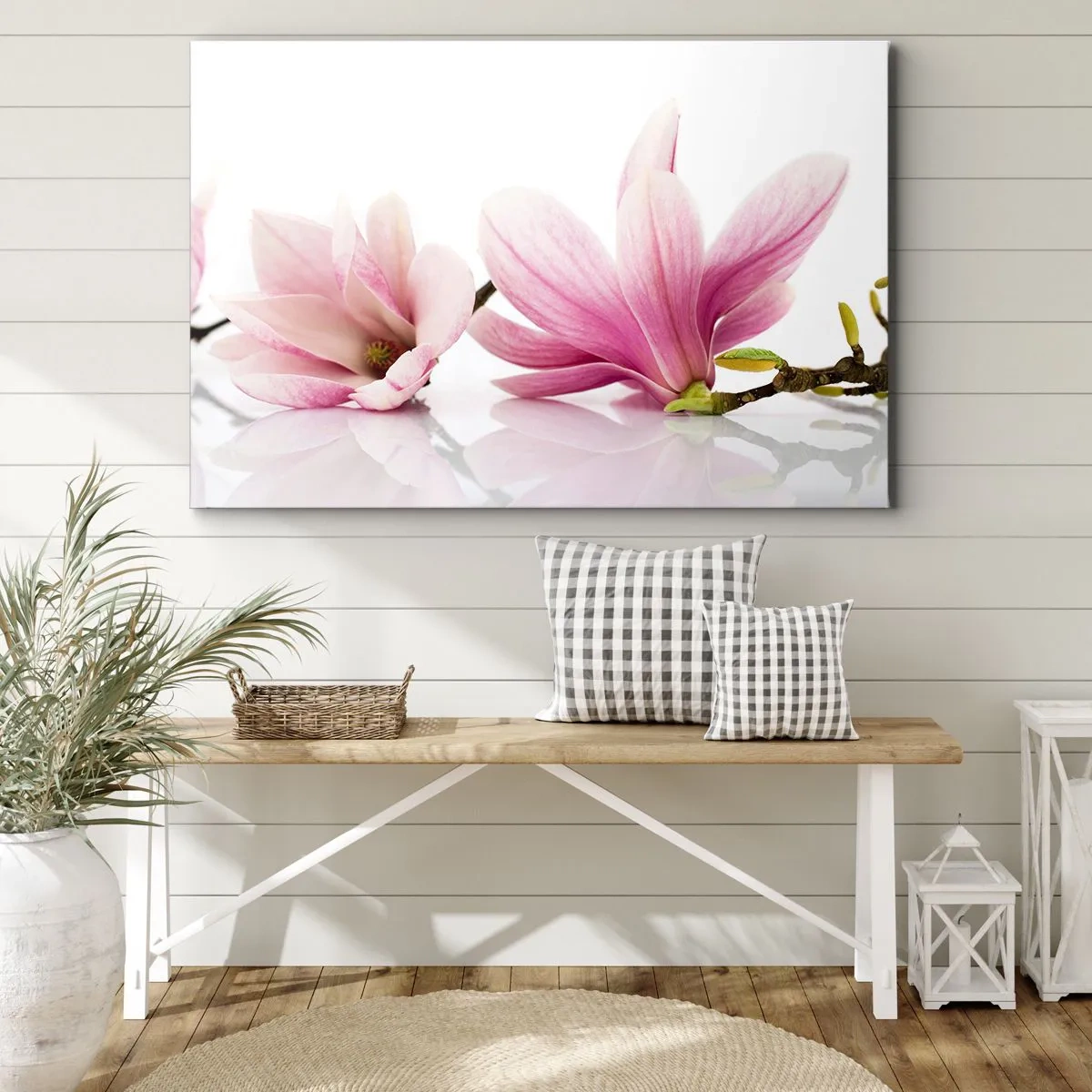 Obraz na plátne - Jemné ružové magnólie na bielom pozadí - 70x50cm - Jemné ako závan jari - Moderná nástenná dekorácia do obývacej izby a spálne ARTTOR