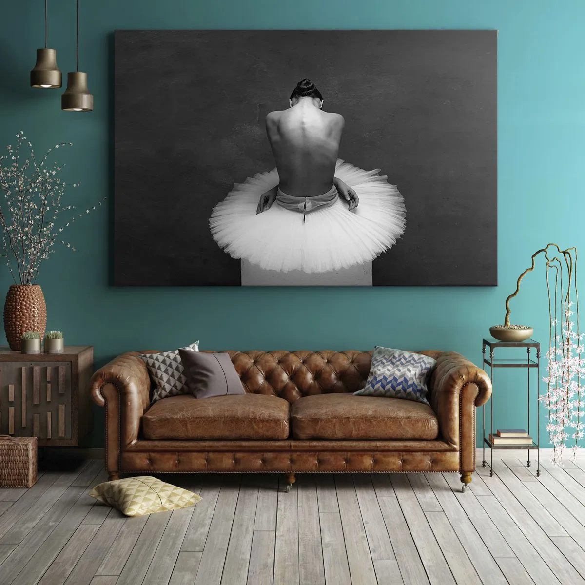 Obraz na plátne - Baletný tanečník v klasickej póze na tmavom pozadí. - 70x50cm - Práve prekvitá - Moderná nástenná dekorácia do obývacej izby a spálne ARTTOR