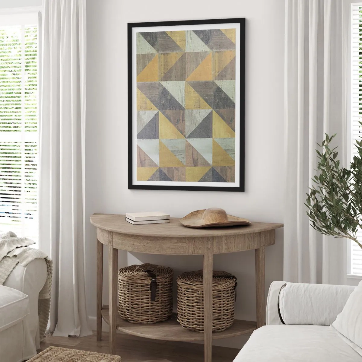 Plagát v čiernom ráme - Geometrický vzor v odtieňoch zlatej a sivej - 50x70cm - V uhle trojuholníka - Moderná nástenná dekorácia do obývacej izby a spálne ARTTOR