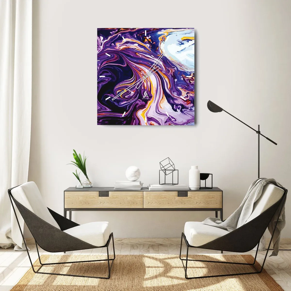 Nástenné hodiny - Záhyb priestoru vo fialovej - 30x30 cm
