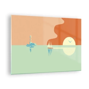 Obraz na skle - Minimalistický západ slnka s plachetnicou a majákom - 70x50cm - Dokonalá morská krajina - Moderná nástenná dekorácia do obývacej izby a spálne ARTTOR