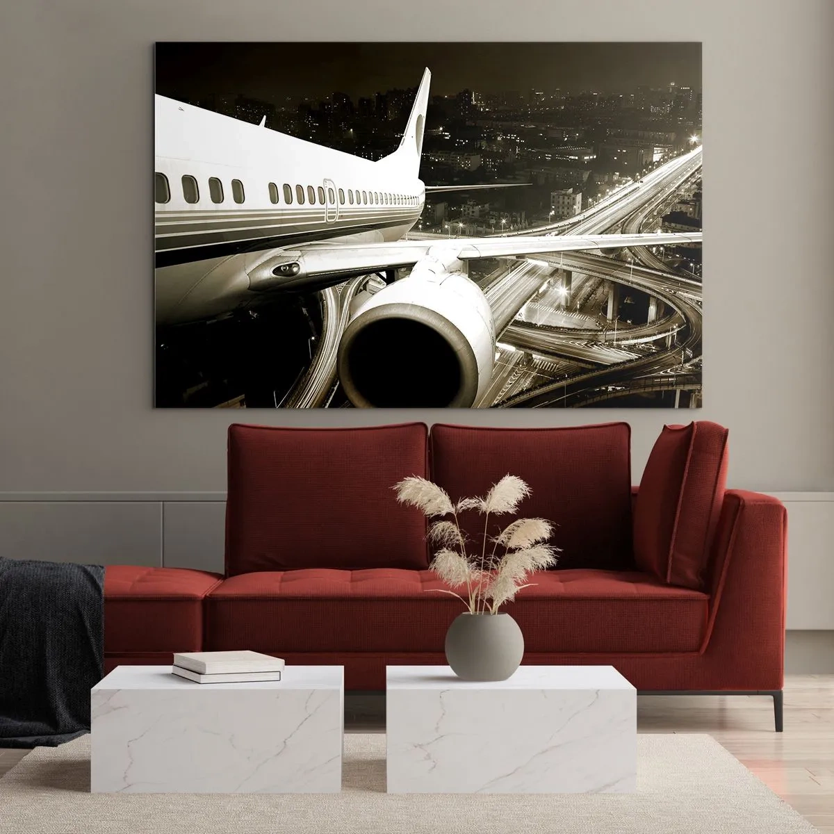 Obraz na skle - Lietadlo nad mestom v noci s industriálnou atmosférou - 70x50cm - Letieť do noci - Moderná nástenná dekorácia do obývacej izby a spálne ARTTOR