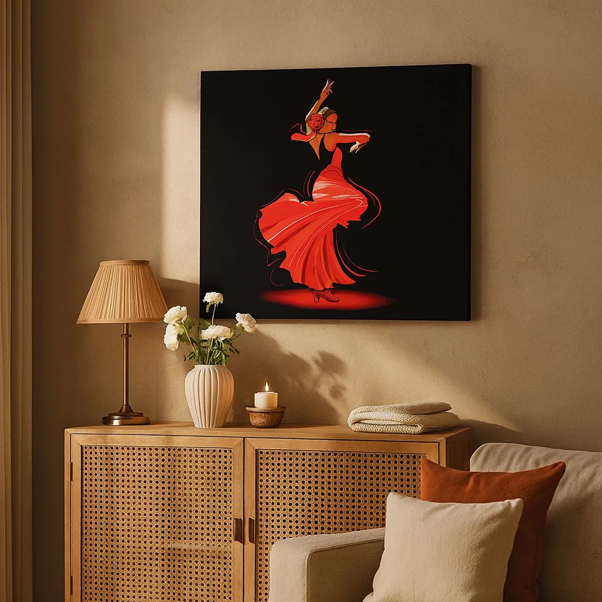 Obraz na plátne - Flamenco tanečnica v červených šatách na čiernom pozadí - 70x50cm - Horúca duša flamenco - Moderná nástenná dekorácia do obývacej izby a spálne ARTTOR