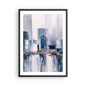 Plagát v čiernom ráme - Abstraktná panoráma mesta v odtieňoch modrej a bielej - 50x70cm - Newyorská impresia - Moderná nástenná dekorácia do obývacej izby a spálne ARTTOR