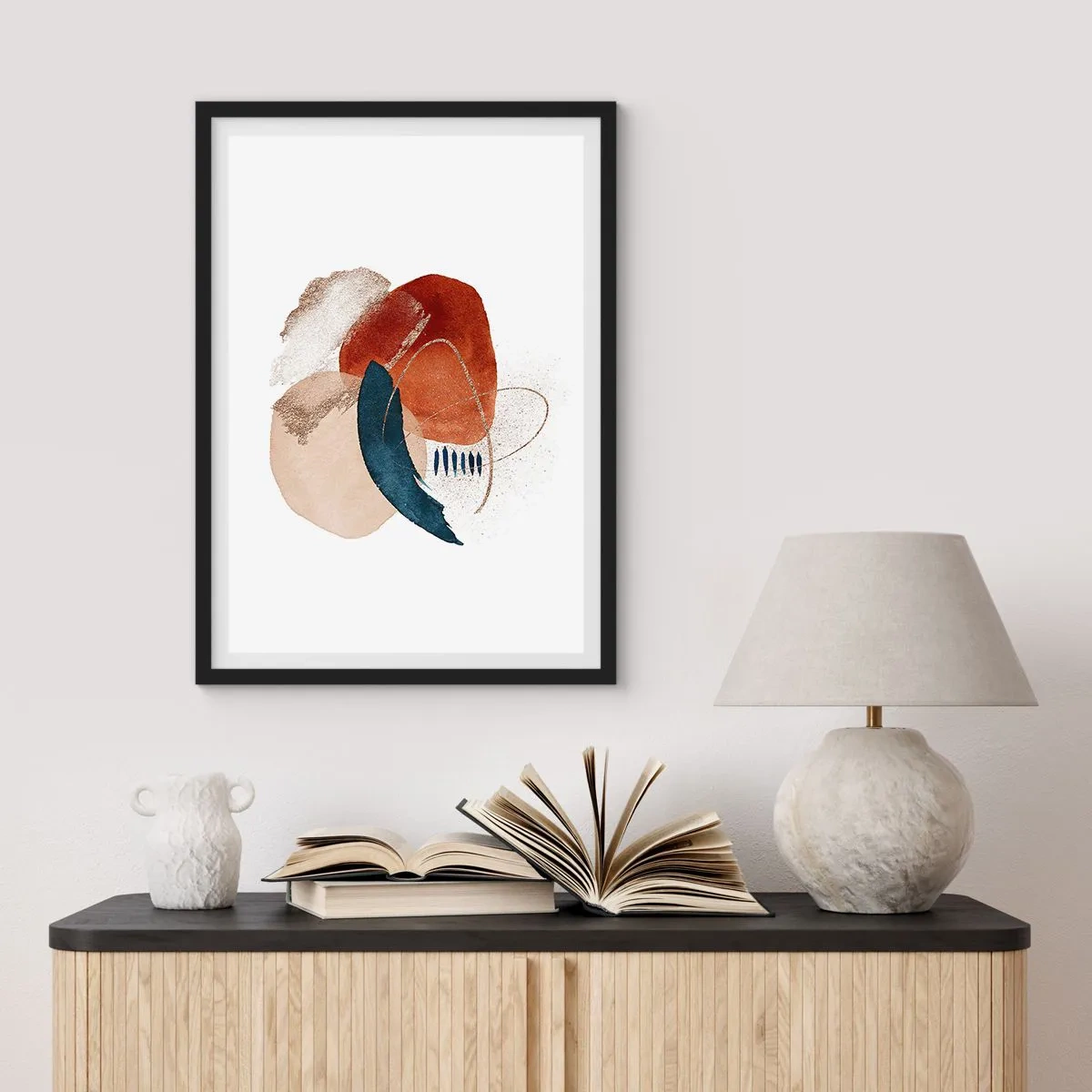 Plagát v čiernom ráme - Abstraktná oválna kompozícia v teplých farbách - 50x70cm - Oválna kompozícia - Moderná nástenná dekorácia do obývacej izby a spálne ARTTOR