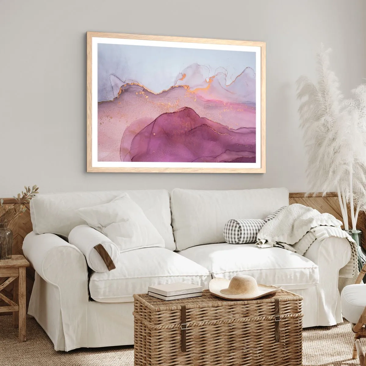 Plagát v ráme zo svetlého duba - Fialové a ľalové vlny - 50x40 cm