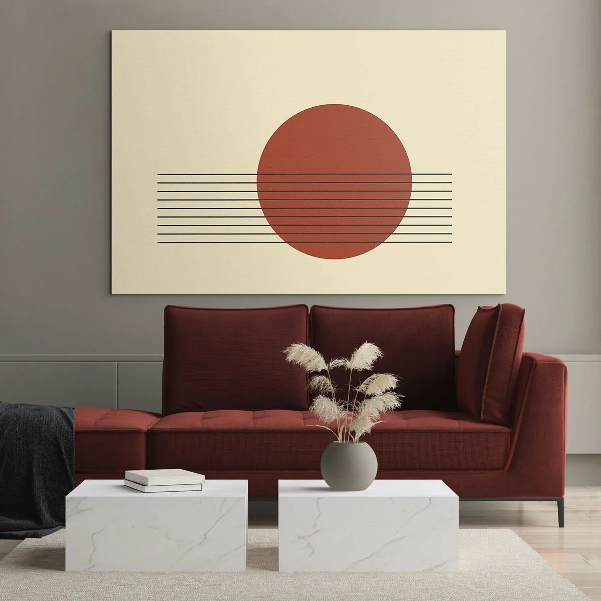 Obraz na skle - Minimalistická grafika s červeným kruhom a čiarami - 70x50cm - Stále dookola - Moderná nástenná dekorácia do obývacej izby a spálne ARTTOR