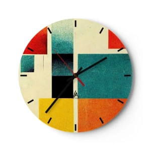 Nástenné hodiny - Geometrická kompozícia farebných obdĺžnikov na svetlom pozadí - 30x30cm - Geometrická abstrakcia – dobrá energia - Moderná nástenná dekorácia do obývacej izby, kuchyne a spálne ARTTOR