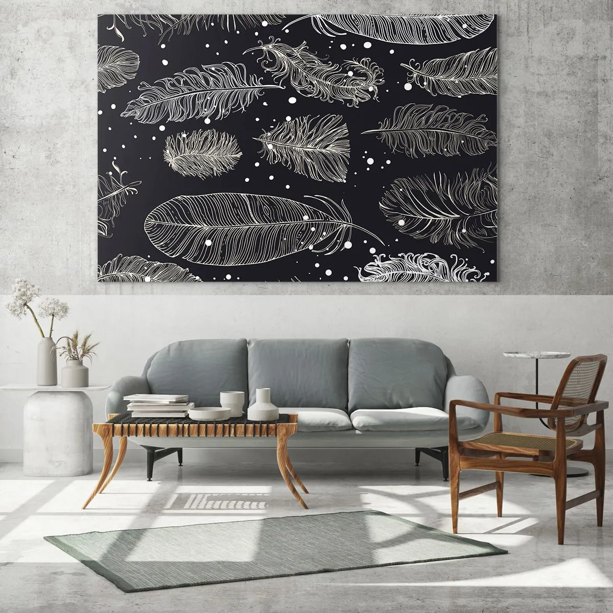 Obraz na skle - Biele perie na čiernom pozadí s jemnými detailmi - 70x50cm - Čipka s perím - Moderná nástenná dekorácia do obývacej izby a spálne ARTTOR