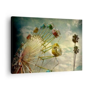 Obraz na plátne - Retro fotografia ruského kolesa s palmami na pozadí oblohy - 70x50cm - Bude, bude zábava… - Moderná nástenná dekorácia do obývacej izby a spálne ARTTOR