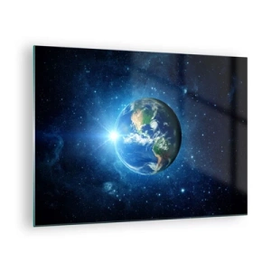 Obraz na skle - Zem videná z vesmíru s lúčmi svetla - 70x50cm - Sme v nebi - Moderná nástenná dekorácia do obývacej izby a spálne ARTTOR