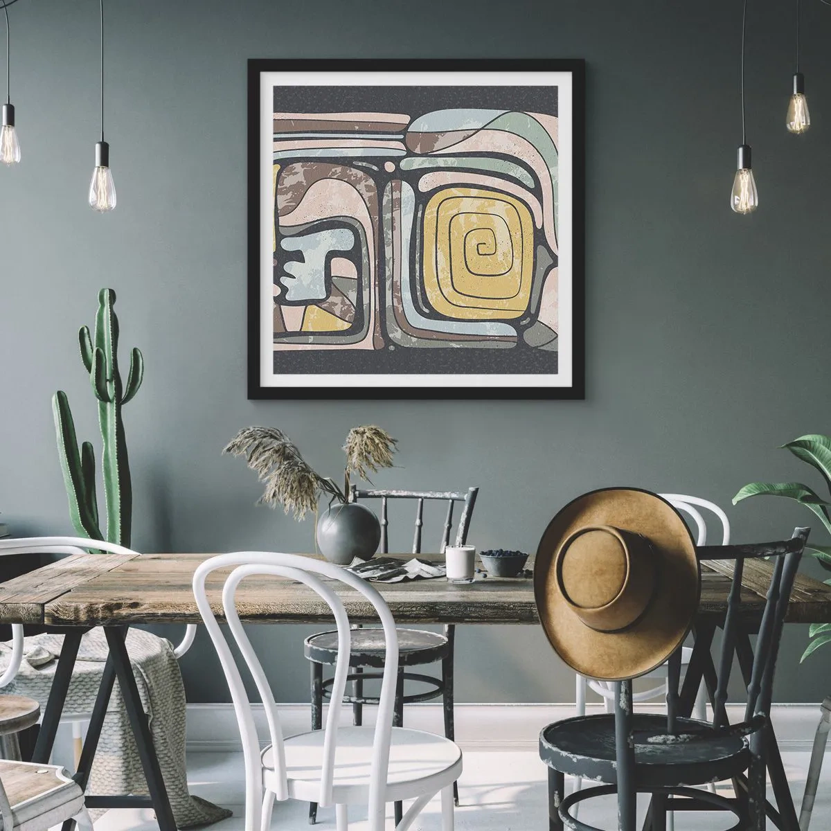 Plagát v čiernom ráme - Abstrakcia v predkolumbovskom duchu - 60x60 cm