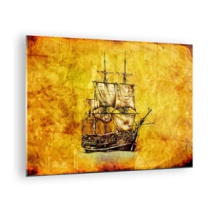 Obraz na skle - Historická plachetnica na pozadí štylizovaného pergamenu - 70x50cm - Smer Tortuga! - Moderná nástenná dekorácia do obývacej izby a spálne ARTTOR