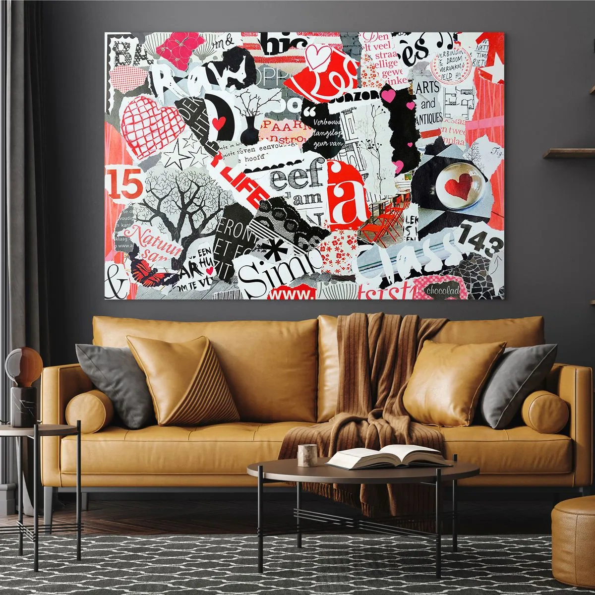 Obraz na skle - Koláž písmen, srdiečok a stromov v umeleckom štýle. - 70x50cm - Hipsterská koláž - Moderná nástenná dekorácia do obývacej izby a spálne ARTTOR