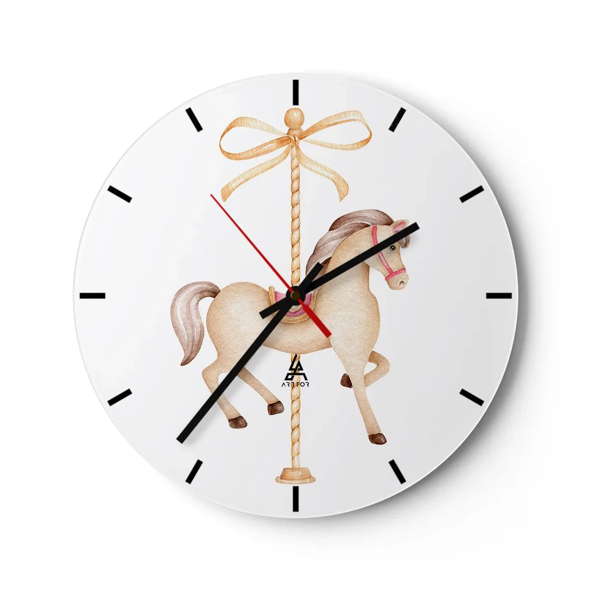 Nástenné hodiny - Svetlohnedý kolotočový kôň na pozadí s ozdobnou mašľou - 30x30cm - Elegantným klusom - Moderná nástenná dekorácia do obývacej izby, kuchyne a spálne ARTTOR