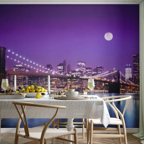 Fototapeta Standard Eco - Svetlá veľkomesta vo fialovej - Mesto, New York, Brooklynský most - 500x350 cm