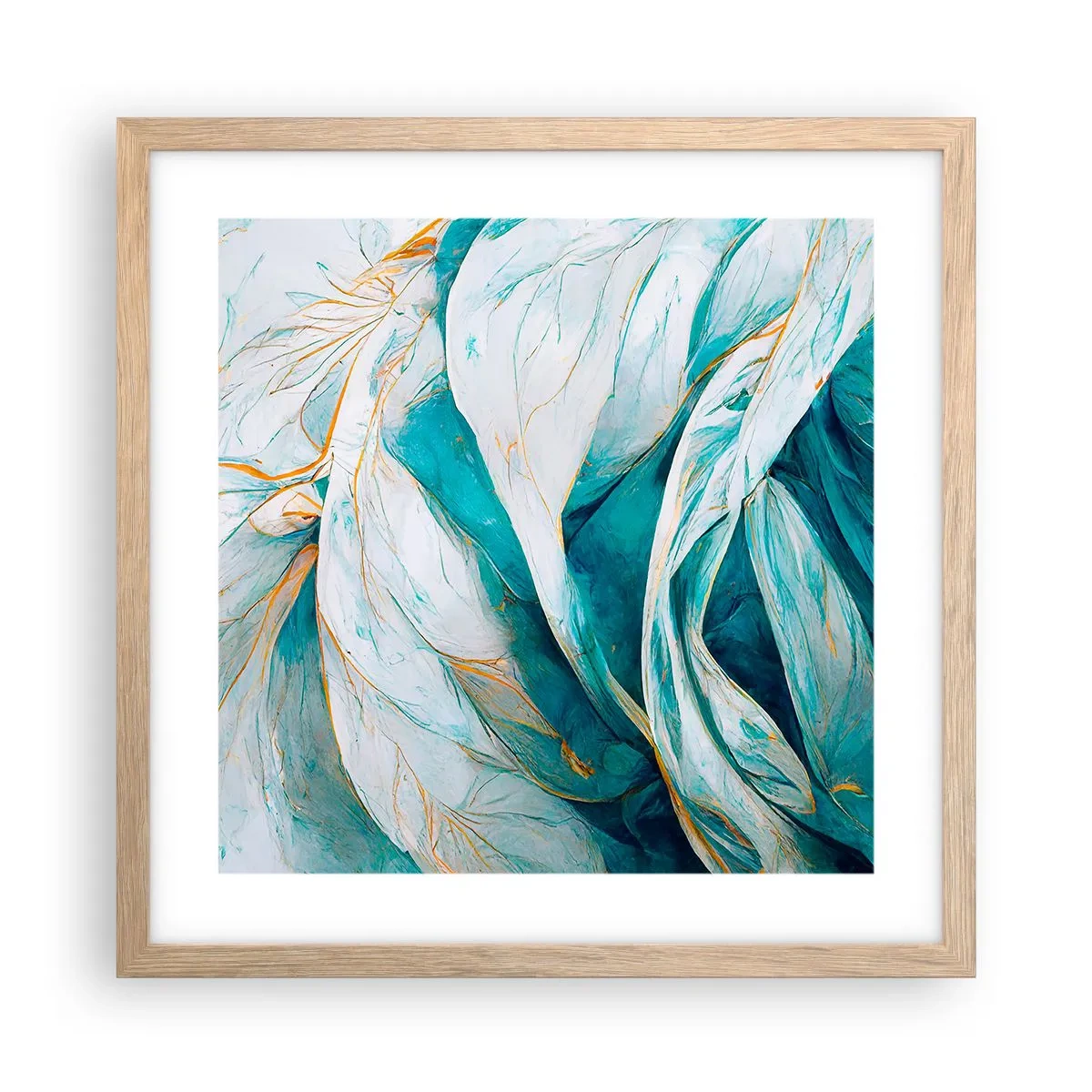 Plagát v ráme zo svetlého duba - Modrá abstrakcia so zlatým motívom - 40x40 cm