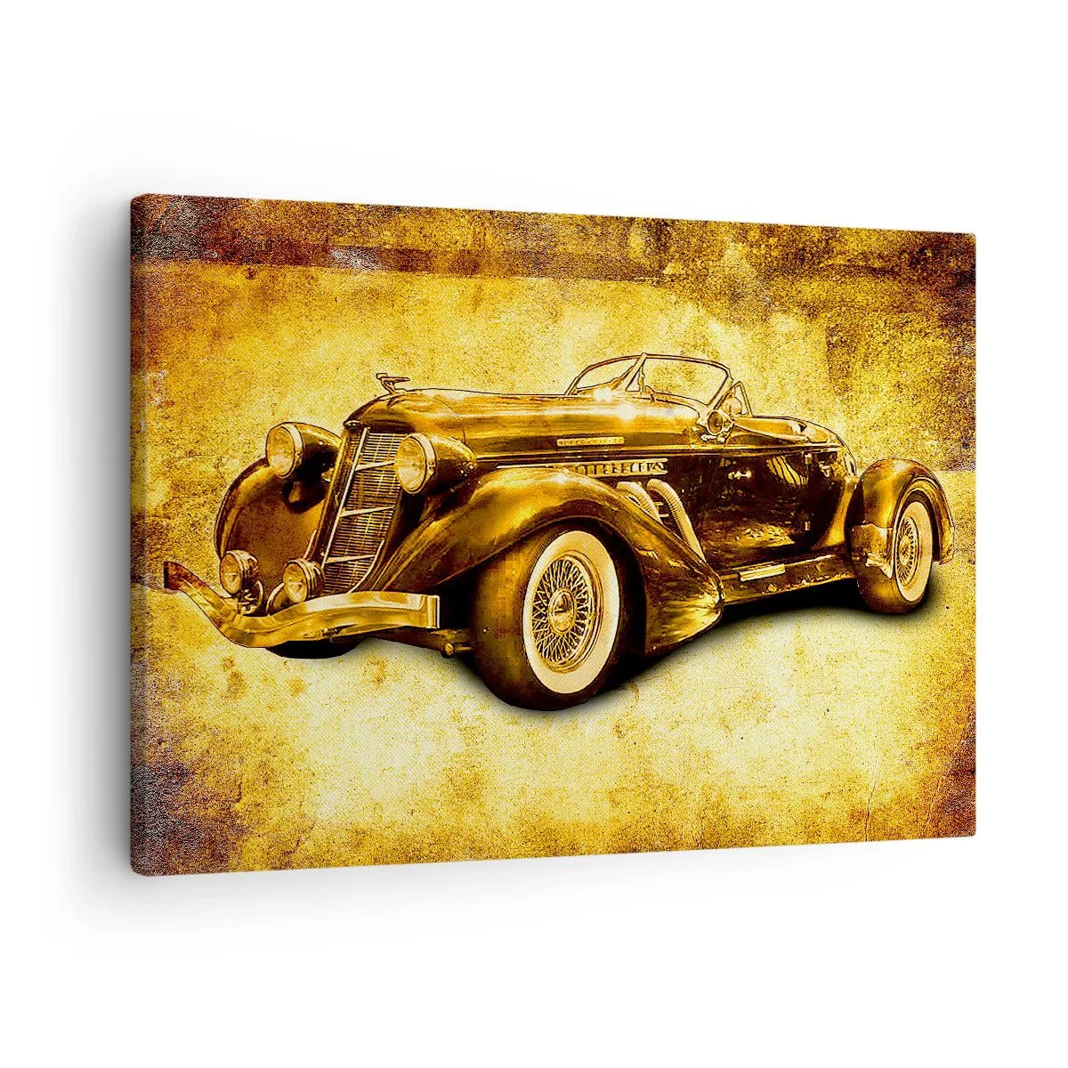 Obraz na plátne - Klasický zlatý retro kabriolet na vintage pozadí v teplých farbách. - 70x50cm - Elita elít - Moderná nástenná dekorácia do obývacej izby a spálne ARTTOR