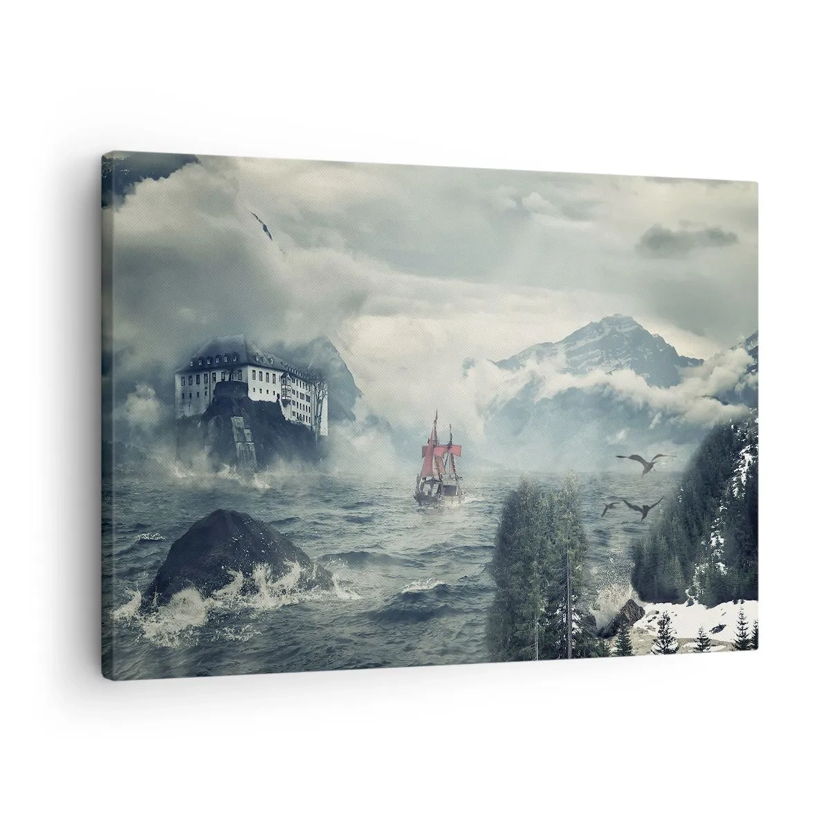 Obraz na plátne - Tajomná krajina s hradom, horami a loďou - 70x50cm - V kúzelných vodách - Moderná nástenná dekorácia do obývacej izby a spálne ARTTOR