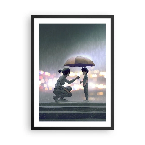 Plagát v čiernom ráme - Dospelý podáva dieťaťu dáždnik na daždivom pozadí - 50x70cm - A všetko je v poriadku - Moderná nástenná dekorácia do obývacej izby a spálne ARTTOR