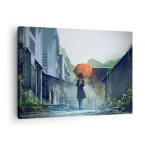 Obraz na plátne - Postava s dáždnikom v daždivom meste - 70x50cm - Oživujúci dážď - Moderná nástenná dekorácia do obývacej izby a spálne ARTTOR