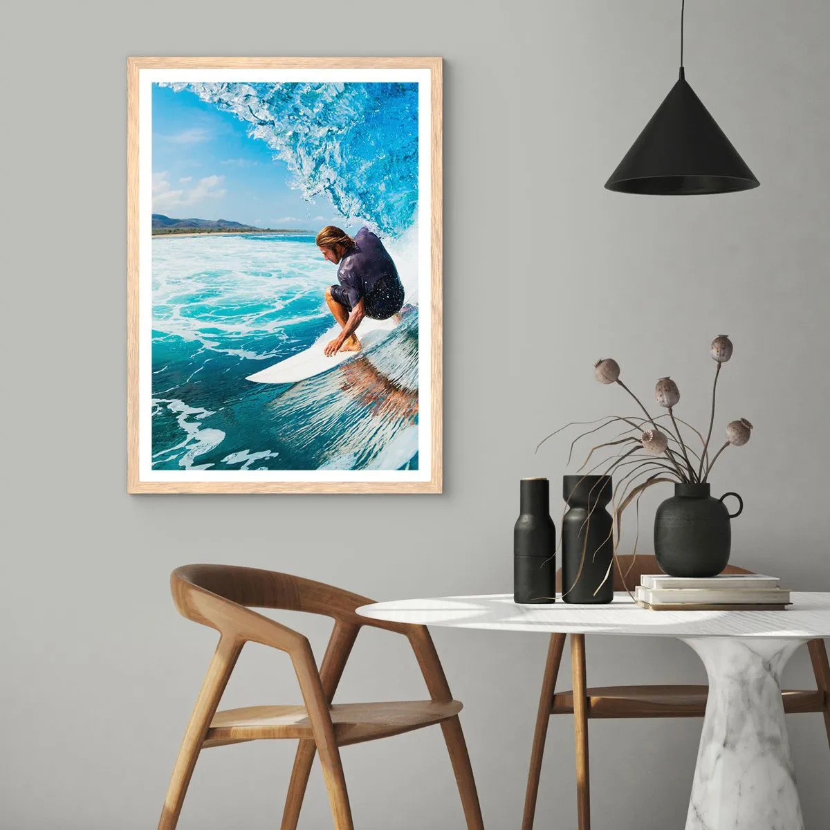 Plagát v ráme zo svetlého duba - Tancujúci s vlnami - 50x70 cm