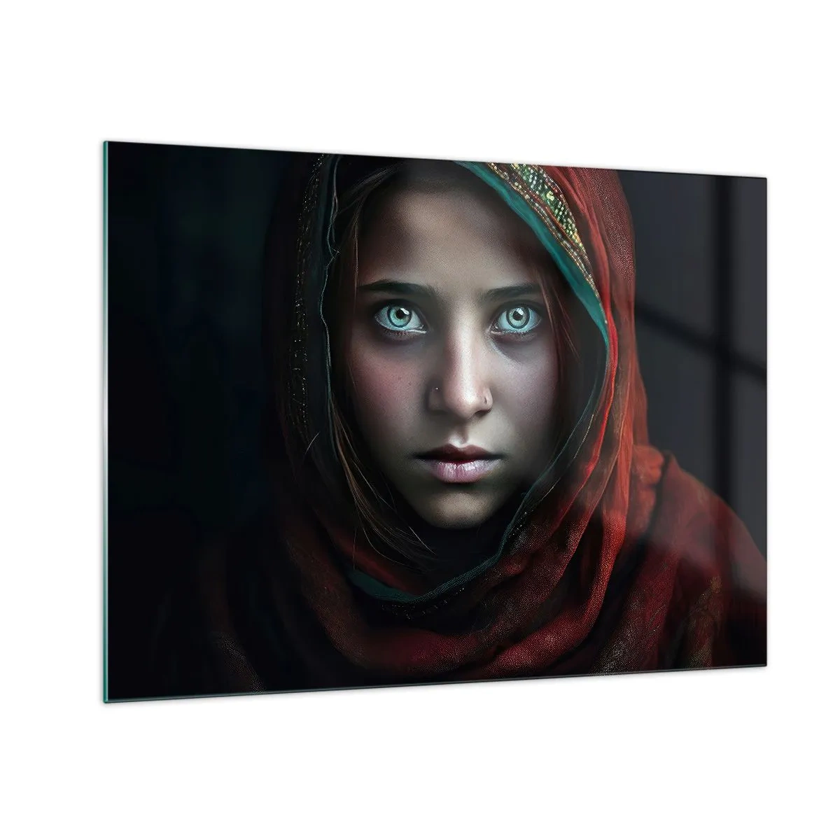 Obraz na skle - Portrét ženy v červenej šatke na tmavom pozadí - 70x50cm - Východná princezná - Moderná nástenná dekorácia do obývacej izby a spálne ARTTOR