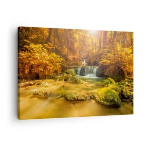 Obraz na plátne - Zlatý vodopád v jesennom lese obklopenom zeleňou - 70x50cm - Lesný vodopád v zlate - Moderná nástenná dekorácia do obývacej izby a spálne ARTTOR